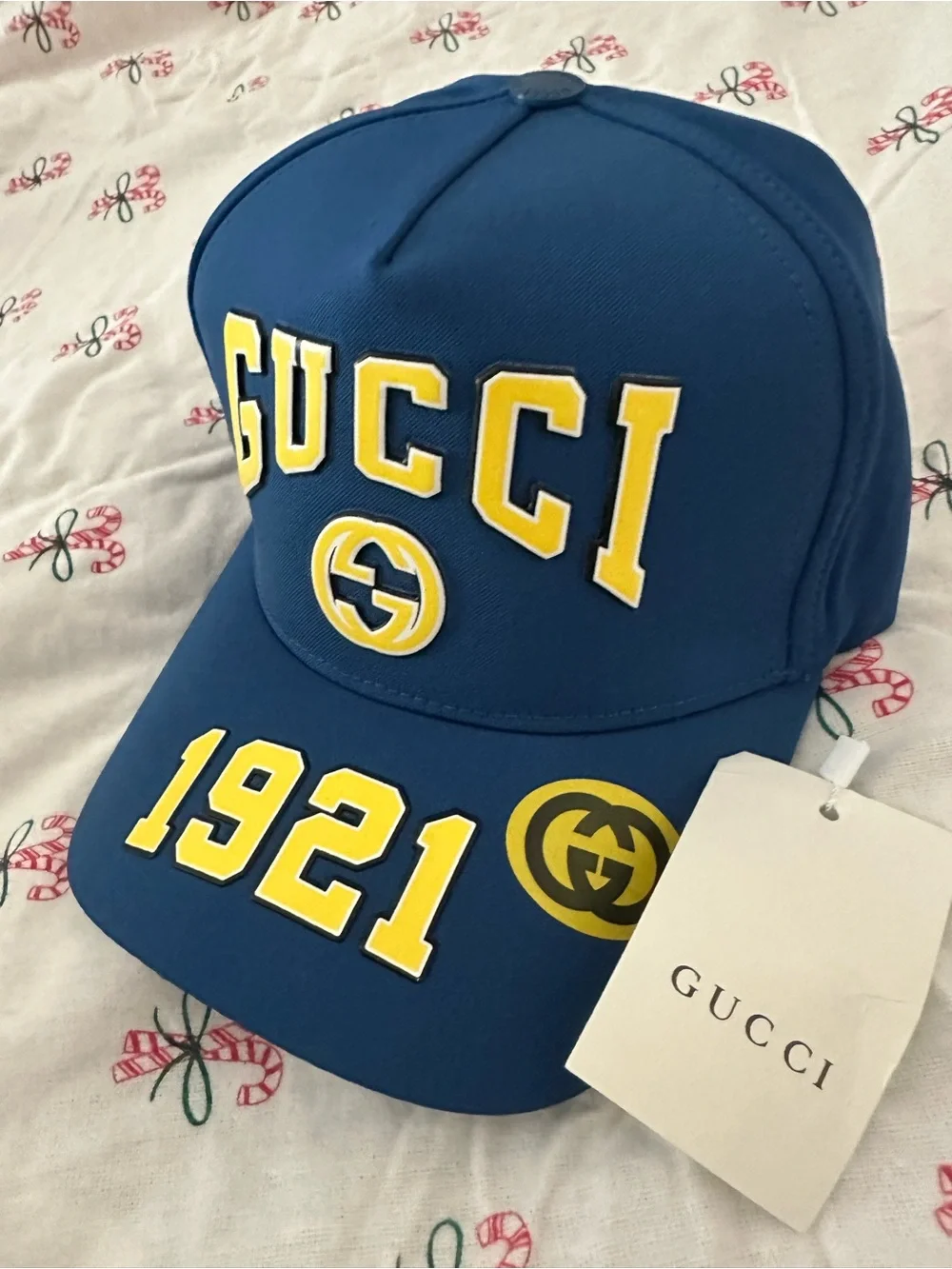 Gucci Blue Baseball Cap with Yellow Logo and 1921 Patch